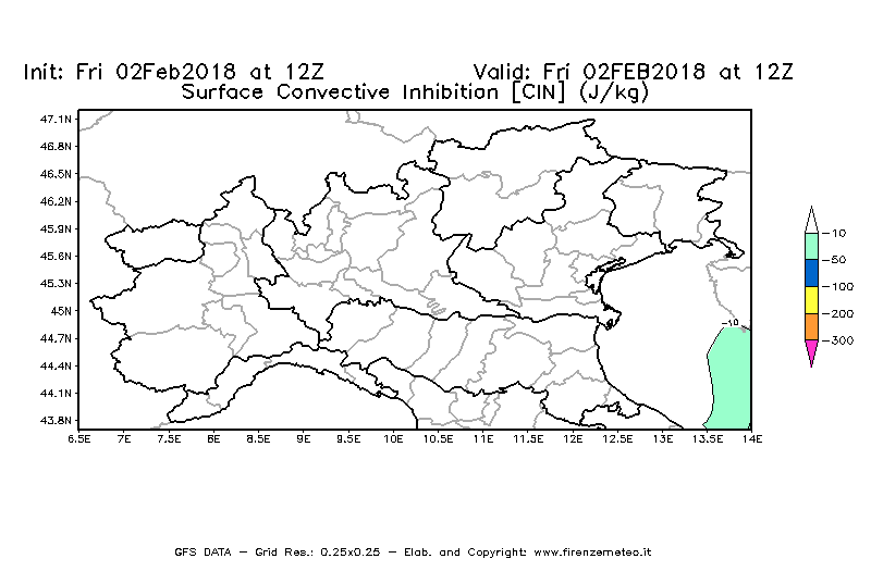 Mappa di analisi GFS - CIN [J/kg] in Nord-Italia
									del 02/02/2018 12 <!--googleoff: index-->UTC<!--googleon: index-->