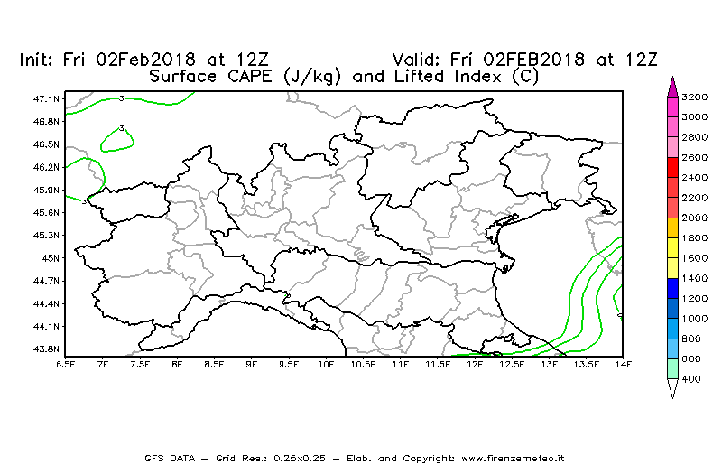 Mappa di analisi GFS - CAPE [J/kg] e Lifted Index [°C] in Nord-Italia
							del 02/02/2018 12 <!--googleoff: index-->UTC<!--googleon: index-->