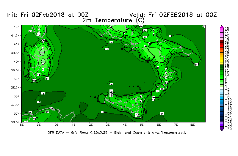 Mappa di analisi GFS - Temperatura a 2 metri dal suolo [°C] in Sud-Italia
									del 02/02/2018 00 <!--googleoff: index-->UTC<!--googleon: index-->