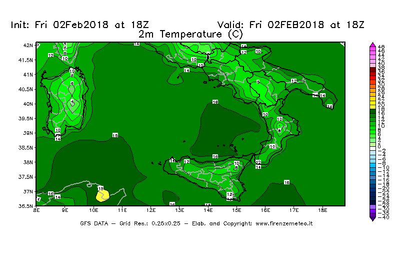Mappa di analisi GFS - Temperatura a 2 metri dal suolo [°C] in Sud-Italia
							del 02/02/2018 18 <!--googleoff: index-->UTC<!--googleon: index-->