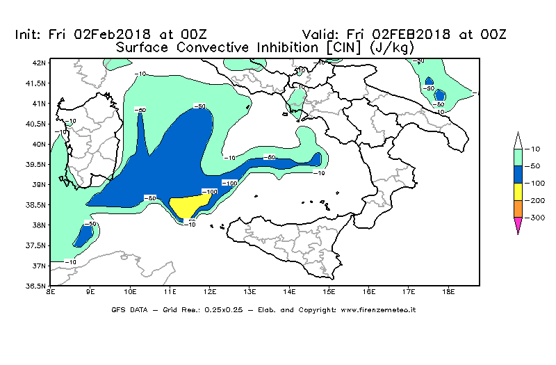 Mappa di analisi GFS - CIN [J/kg] in Sud-Italia
							del 02/02/2018 00 <!--googleoff: index-->UTC<!--googleon: index-->