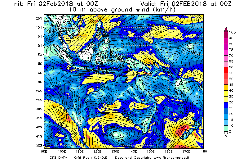 Mappa di analisi GFS - Velocità del vento a 10 metri dal suolo [km/h] in Oceania
							del 02/02/2018 00 <!--googleoff: index-->UTC<!--googleon: index-->