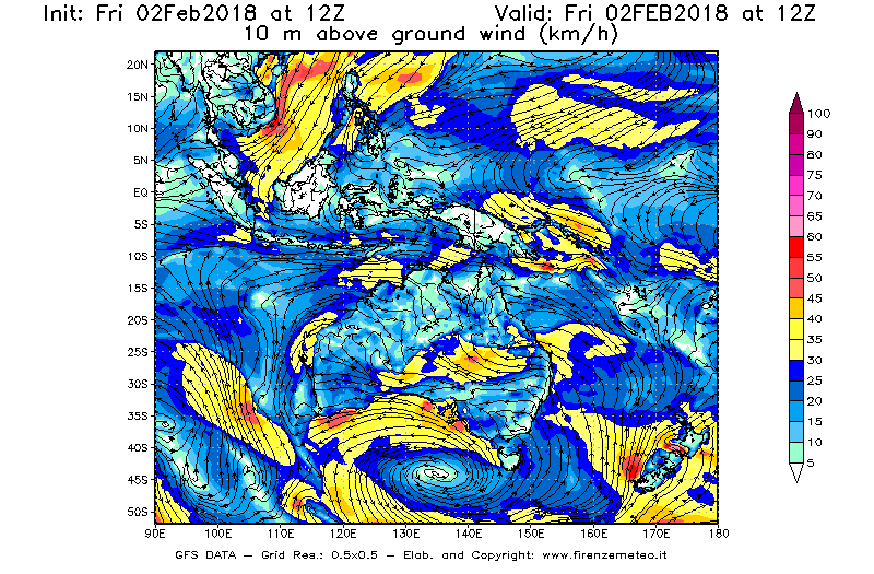 Mappa di analisi GFS - Velocità del vento a 10 metri dal suolo [km/h] in Oceania
							del 02/02/2018 12 <!--googleoff: index-->UTC<!--googleon: index-->