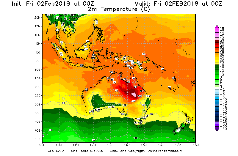 Mappa di analisi GFS - Temperatura a 2 metri dal suolo [°C] in Oceania
									del 02/02/2018 00 <!--googleoff: index-->UTC<!--googleon: index-->