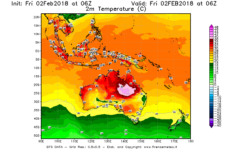 Mappa di analisi GFS - Temperatura a 2 metri dal suolo [°C] in Oceania
									del 02/02/2018 06 <!--googleoff: index-->UTC<!--googleon: index-->