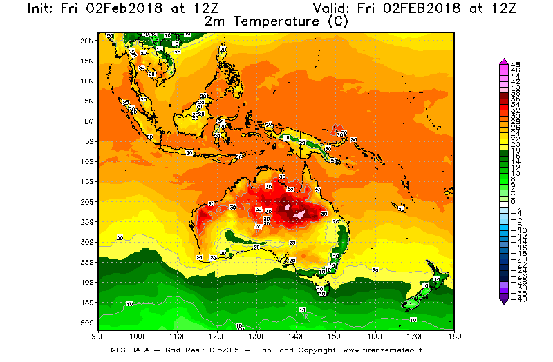 Mappa di analisi GFS - Temperatura a 2 metri dal suolo [°C] in Oceania
							del 02/02/2018 12 <!--googleoff: index-->UTC<!--googleon: index-->