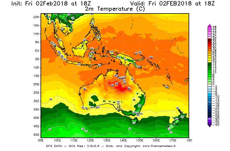 Mappa di analisi GFS - Temperatura a 2 metri dal suolo [°C] in Oceania
									del 02/02/2018 18 <!--googleoff: index-->UTC<!--googleon: index-->
