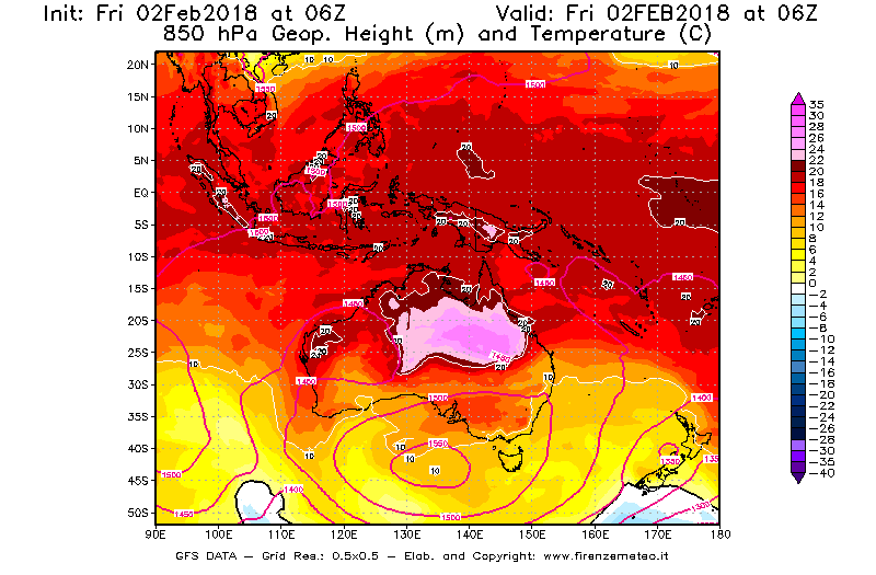 Mappa di analisi GFS - Geopotenziale [m] e Temperatura [°C] a 850 hPa in Oceania
									del 02/02/2018 06 <!--googleoff: index-->UTC<!--googleon: index-->