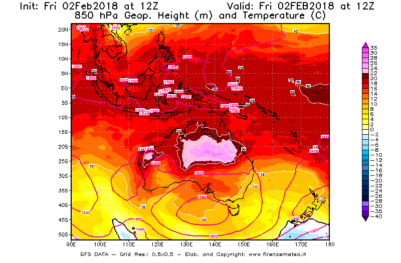 Mappa di analisi GFS - Geopotenziale [m] e Temperatura [°C] a 850 hPa in Oceania
									del 02/02/2018 12 <!--googleoff: index-->UTC<!--googleon: index-->