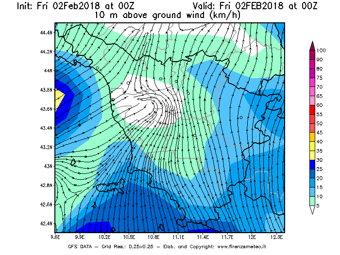 Mappa di analisi GFS - Velocità del vento a 10 metri dal suolo [km/h] in Toscana
							del 02/02/2018 00 <!--googleoff: index-->UTC<!--googleon: index-->