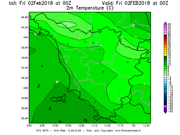 Mappa di analisi GFS - Temperatura a 2 metri dal suolo [°C] in Toscana
									del 02/02/2018 00 <!--googleoff: index-->UTC<!--googleon: index-->