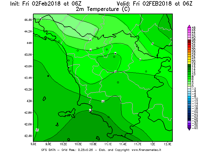 Mappa di analisi GFS - Temperatura a 2 metri dal suolo [°C] in Toscana
							del 02/02/2018 06 <!--googleoff: index-->UTC<!--googleon: index-->