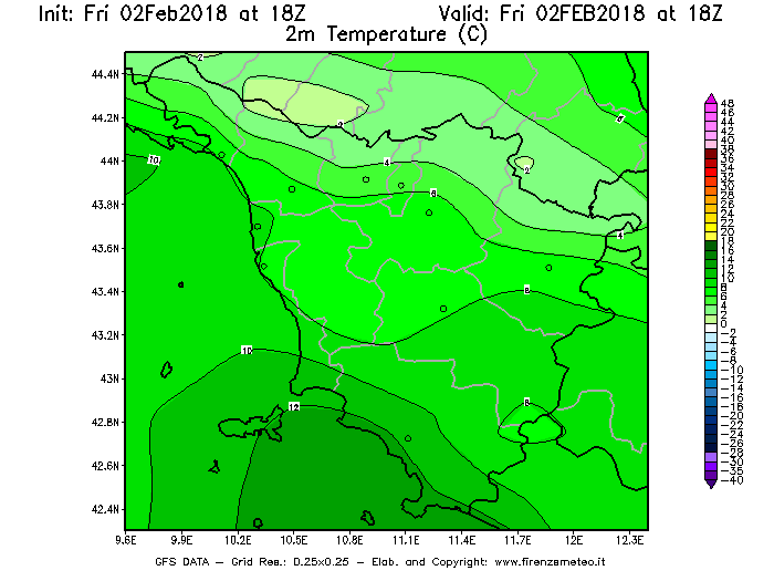 Mappa di analisi GFS - Temperatura a 2 metri dal suolo [°C] in Toscana
							del 02/02/2018 18 <!--googleoff: index-->UTC<!--googleon: index-->