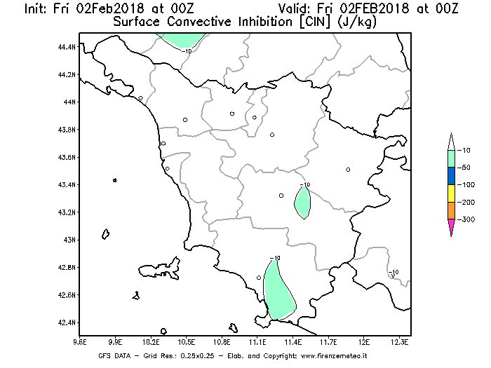 Mappa di analisi GFS - CIN [J/kg] in Toscana
							del 02/02/2018 00 <!--googleoff: index-->UTC<!--googleon: index-->