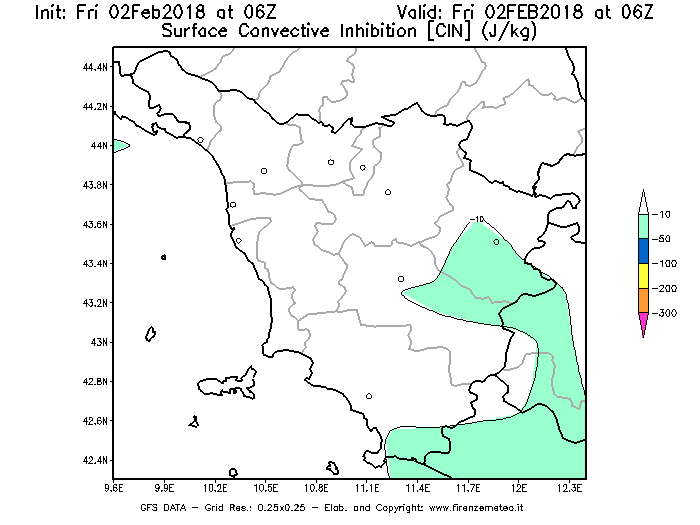 Mappa di analisi GFS - CIN [J/kg] in Toscana
									del 02/02/2018 06 <!--googleoff: index-->UTC<!--googleon: index-->