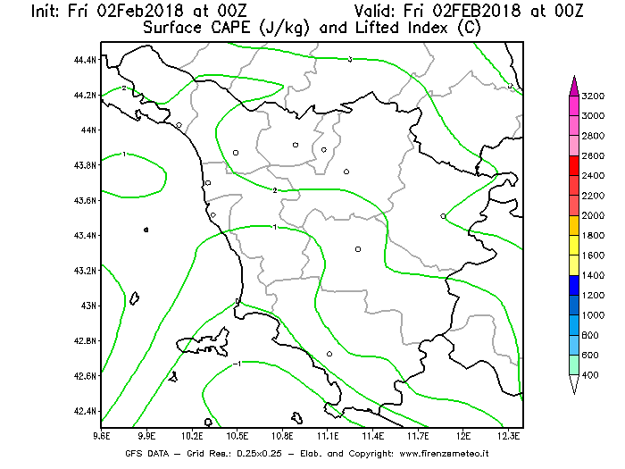 Mappa di analisi GFS - CAPE [J/kg] e Lifted Index [°C] in Toscana
							del 02/02/2018 00 <!--googleoff: index-->UTC<!--googleon: index-->