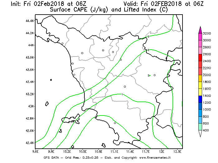 Mappa di analisi GFS - CAPE [J/kg] e Lifted Index [°C] in Toscana
									del 02/02/2018 06 <!--googleoff: index-->UTC<!--googleon: index-->