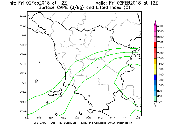 Mappa di analisi GFS - CAPE [J/kg] e Lifted Index [°C] in Toscana
									del 02/02/2018 12 <!--googleoff: index-->UTC<!--googleon: index-->