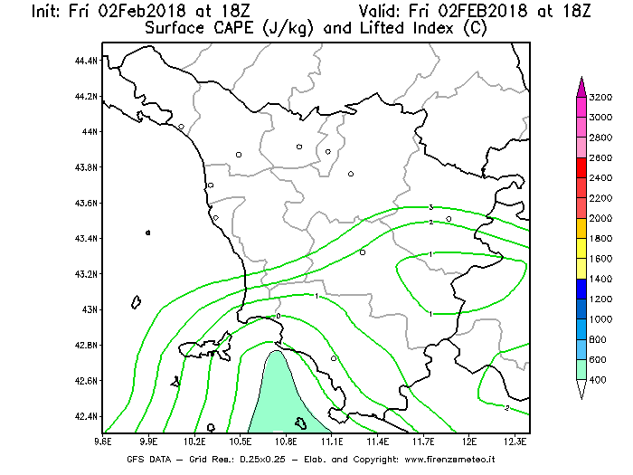 Mappa di analisi GFS - CAPE [J/kg] e Lifted Index [°C] in Toscana
									del 02/02/2018 18 <!--googleoff: index-->UTC<!--googleon: index-->