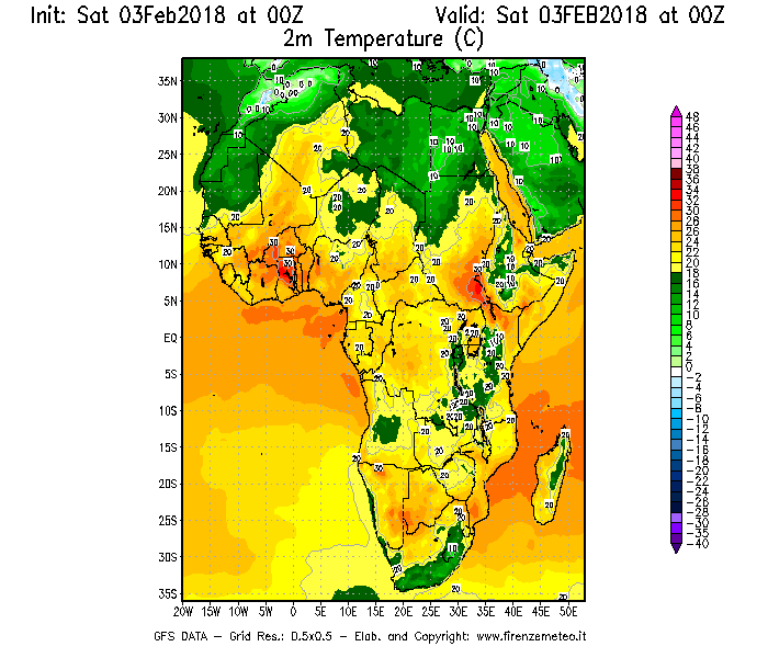 Mappa di analisi GFS - Temperatura a 2 metri dal suolo [°C] in Africa
									del 03/02/2018 00 <!--googleoff: index-->UTC<!--googleon: index-->