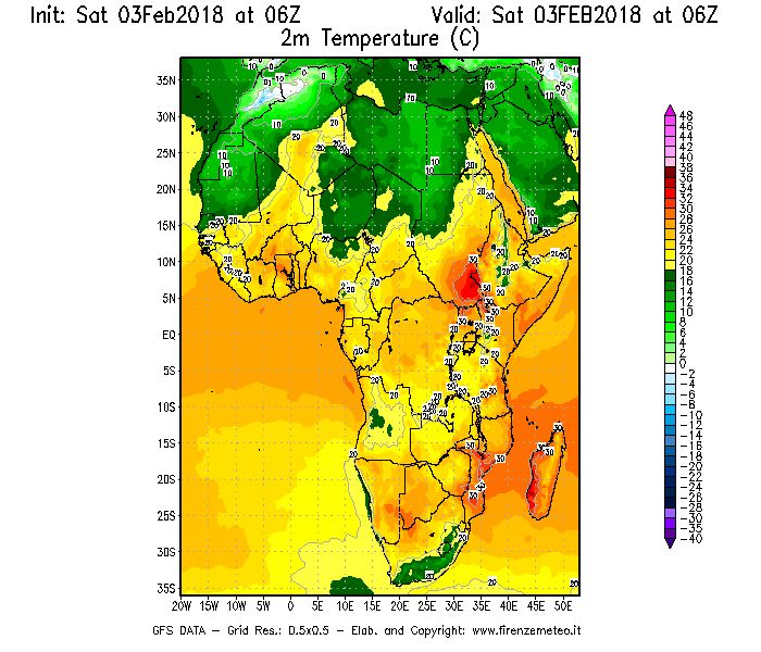 Mappa di analisi GFS - Temperatura a 2 metri dal suolo [°C] in Africa
									del 03/02/2018 06 <!--googleoff: index-->UTC<!--googleon: index-->