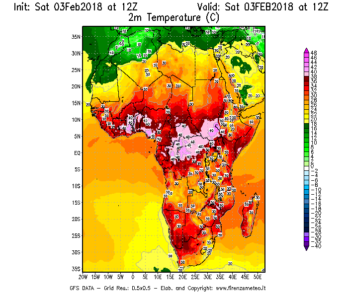 Mappa di analisi GFS - Temperatura a 2 metri dal suolo [°C] in Africa
							del 03/02/2018 12 <!--googleoff: index-->UTC<!--googleon: index-->