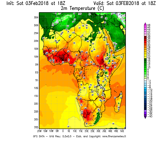 Mappa di analisi GFS - Temperatura a 2 metri dal suolo [°C] in Africa
									del 03/02/2018 18 <!--googleoff: index-->UTC<!--googleon: index-->