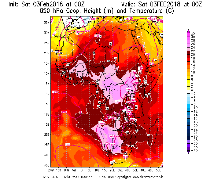 Mappa di analisi GFS - Geopotenziale [m] e Temperatura [°C] a 850 hPa in Africa
							del 03/02/2018 00 <!--googleoff: index-->UTC<!--googleon: index-->
