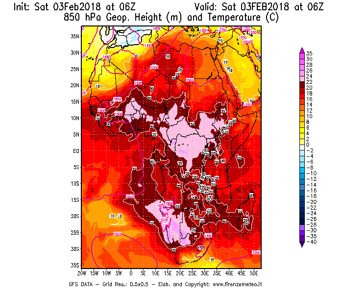 Mappa di analisi GFS - Geopotenziale [m] e Temperatura [°C] a 850 hPa in Africa
							del 03/02/2018 06 <!--googleoff: index-->UTC<!--googleon: index-->