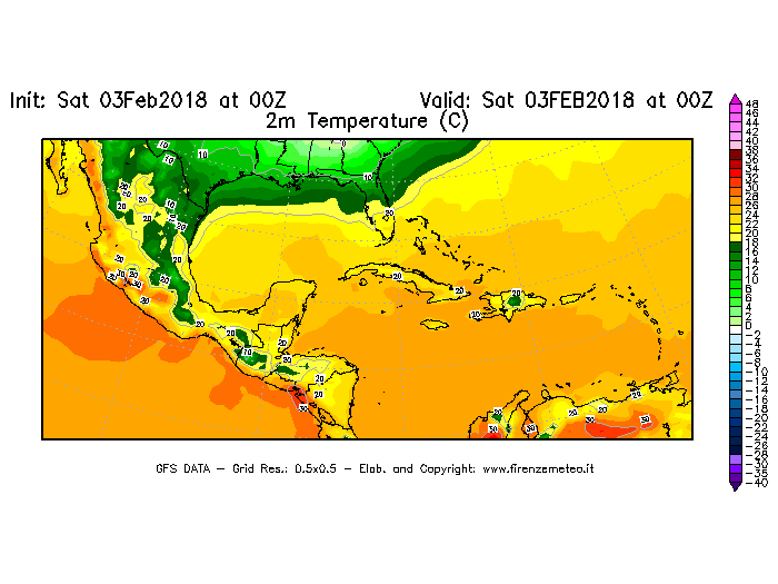 Mappa di analisi GFS - Temperatura a 2 metri dal suolo [°C] in Centro-America
									del 03/02/2018 00 <!--googleoff: index-->UTC<!--googleon: index-->