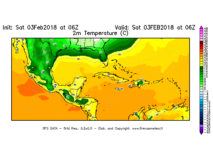 Mappa di analisi GFS - Temperatura a 2 metri dal suolo [°C] in Centro-America
									del 03/02/2018 06 <!--googleoff: index-->UTC<!--googleon: index-->