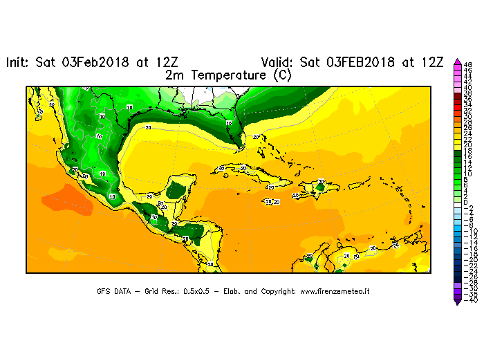 Mappa di analisi GFS - Temperatura a 2 metri dal suolo [°C] in Centro-America
									del 03/02/2018 12 <!--googleoff: index-->UTC<!--googleon: index-->