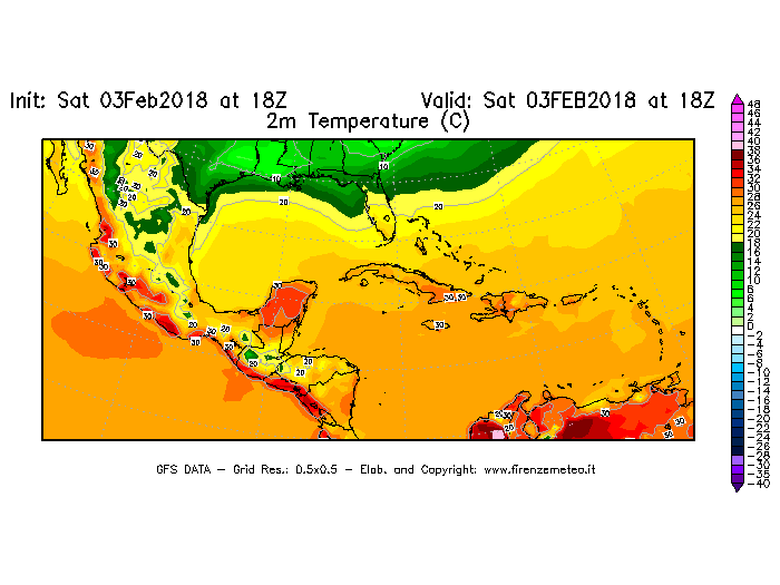 Mappa di analisi GFS - Temperatura a 2 metri dal suolo [°C] in Centro-America
									del 03/02/2018 18 <!--googleoff: index-->UTC<!--googleon: index-->