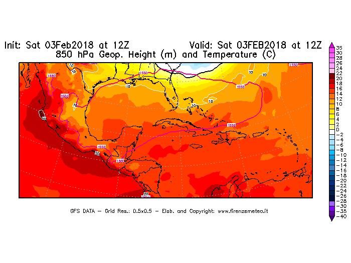Mappa di analisi GFS - Geopotenziale [m] e Temperatura [°C] a 850 hPa in Centro-America
									del 03/02/2018 12 <!--googleoff: index-->UTC<!--googleon: index-->