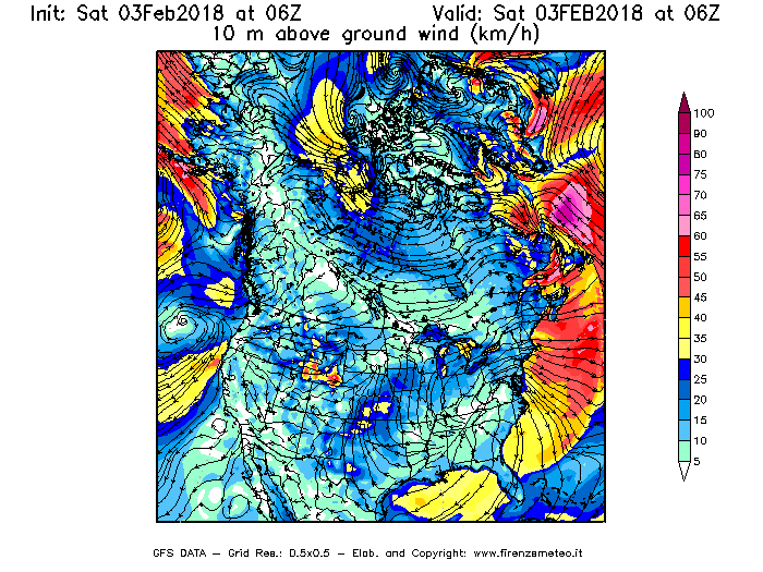 Mappa di analisi GFS - Velocità del vento a 10 metri dal suolo [km/h] in Nord-America
							del 03/02/2018 06 <!--googleoff: index-->UTC<!--googleon: index-->