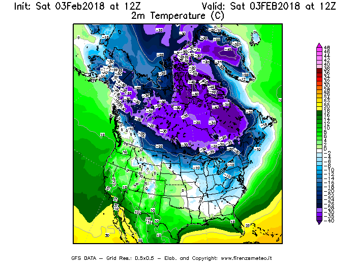 Mappa di analisi GFS - Temperatura a 2 metri dal suolo [°C] in Nord-America
									del 03/02/2018 12 <!--googleoff: index-->UTC<!--googleon: index-->