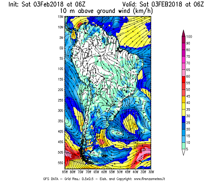Mappa di analisi GFS - Velocità del vento a 10 metri dal suolo [km/h] in Sud-America
									del 03/02/2018 06 <!--googleoff: index-->UTC<!--googleon: index-->