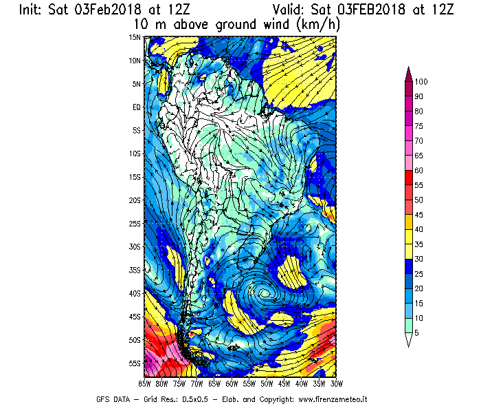 Mappa di analisi GFS - Velocità del vento a 10 metri dal suolo [km/h] in Sud-America
							del 03/02/2018 12 <!--googleoff: index-->UTC<!--googleon: index-->