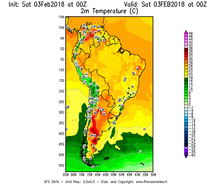 Mappa di analisi GFS - Temperatura a 2 metri dal suolo [°C] in Sud-America
							del 03/02/2018 00 <!--googleoff: index-->UTC<!--googleon: index-->