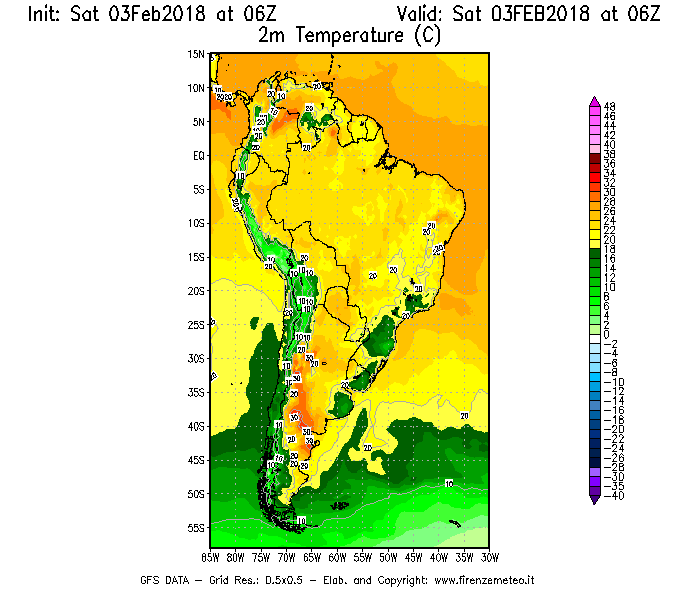 Mappa di analisi GFS - Temperatura a 2 metri dal suolo [°C] in Sud-America
							del 03/02/2018 06 <!--googleoff: index-->UTC<!--googleon: index-->