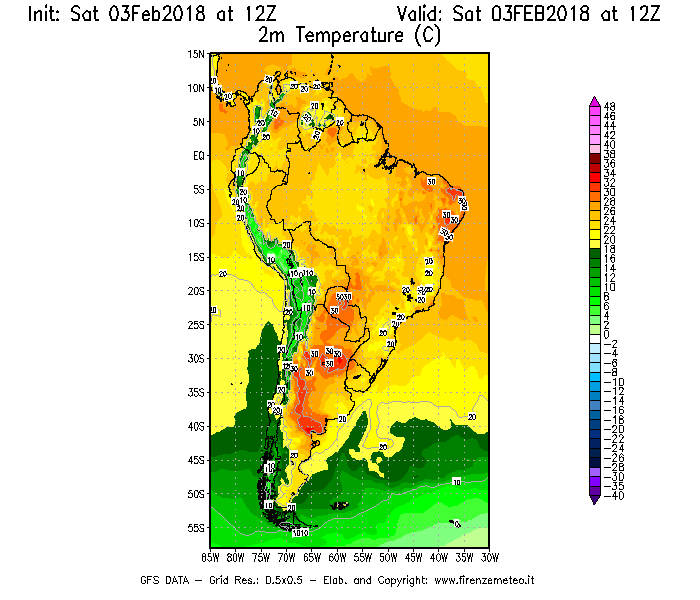 Mappa di analisi GFS - Temperatura a 2 metri dal suolo [°C] in Sud-America
							del 03/02/2018 12 <!--googleoff: index-->UTC<!--googleon: index-->