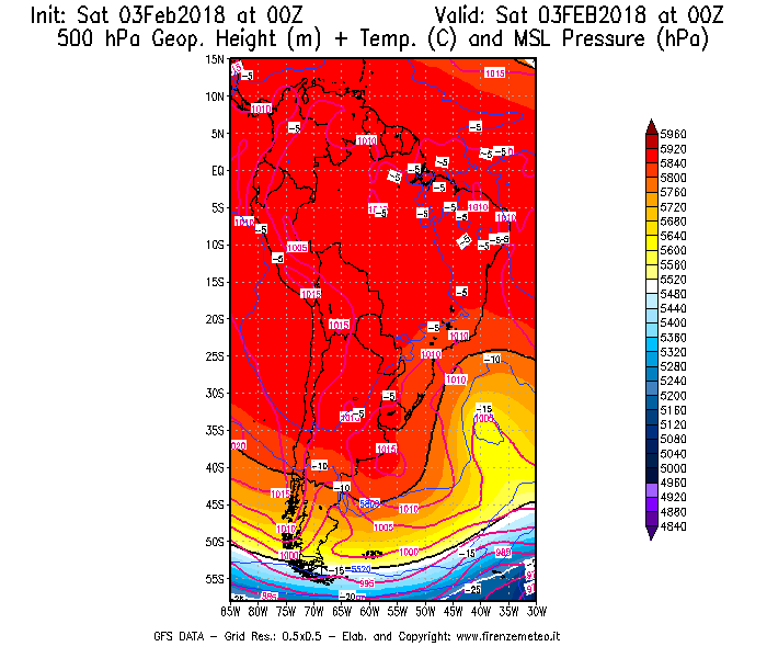 Mappa di analisi GFS - Geopotenziale [m] + Temp. [°C] a 500 hPa + Press. a livello del mare [hPa] in Sud-America
									del 03/02/2018 00 <!--googleoff: index-->UTC<!--googleon: index-->