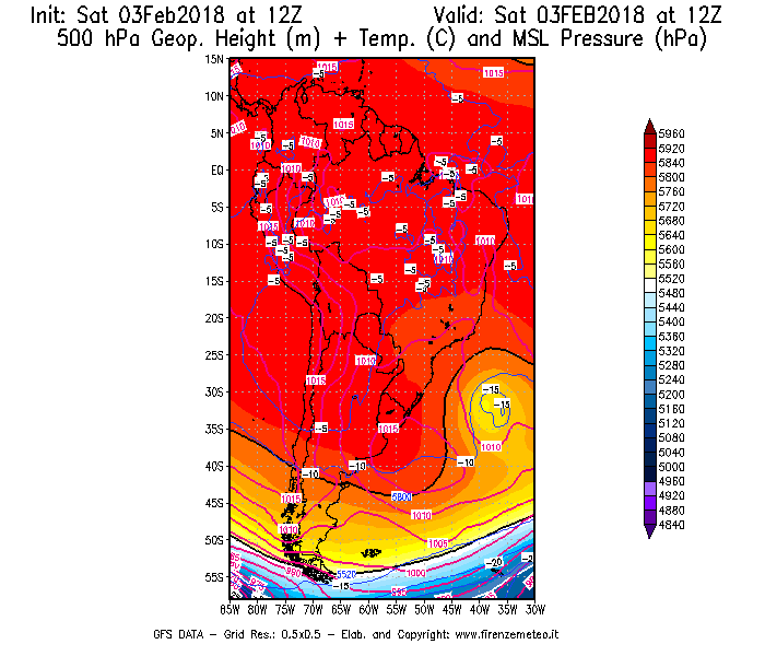 Mappa di analisi GFS - Geopotenziale [m] + Temp. [°C] a 500 hPa + Press. a livello del mare [hPa] in Sud-America
									del 03/02/2018 12 <!--googleoff: index-->UTC<!--googleon: index-->