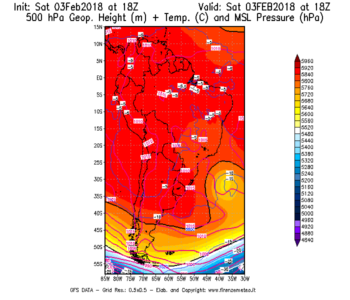 Mappa di analisi GFS - Geopotenziale [m] + Temp. [°C] a 500 hPa + Press. a livello del mare [hPa] in Sud-America
							del 03/02/2018 18 <!--googleoff: index-->UTC<!--googleon: index-->