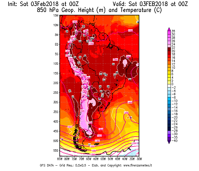 Mappa di analisi GFS - Geopotenziale [m] e Temperatura [°C] a 850 hPa in Sud-America
									del 03/02/2018 00 <!--googleoff: index-->UTC<!--googleon: index-->