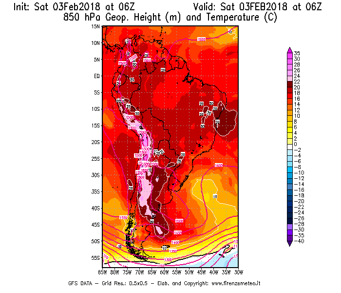Mappa di analisi GFS - Geopotenziale [m] e Temperatura [°C] a 850 hPa in Sud-America
							del 03/02/2018 06 <!--googleoff: index-->UTC<!--googleon: index-->