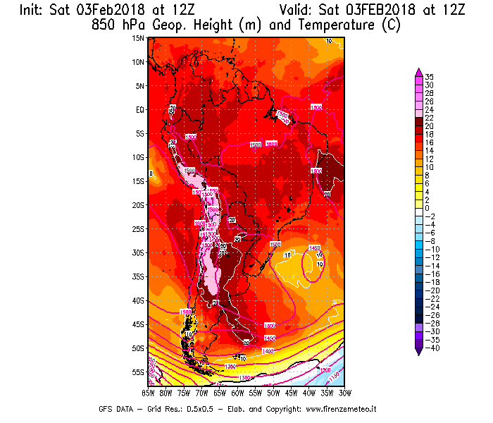 Mappa di analisi GFS - Geopotenziale [m] e Temperatura [°C] a 850 hPa in Sud-America
							del 03/02/2018 12 <!--googleoff: index-->UTC<!--googleon: index-->