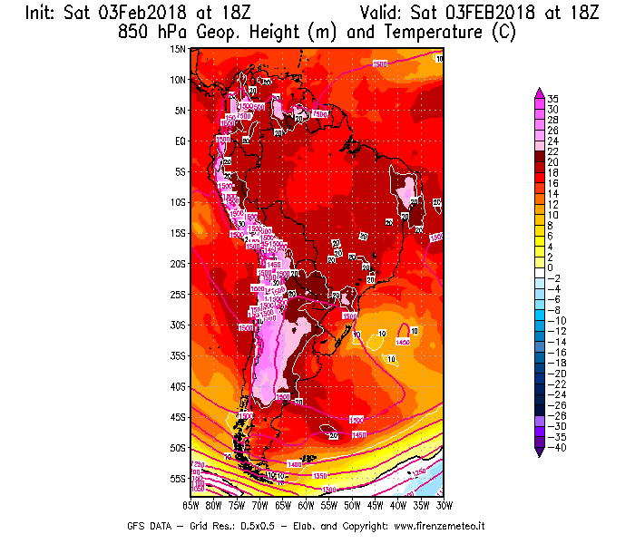Mappa di analisi GFS - Geopotenziale [m] e Temperatura [°C] a 850 hPa in Sud-America
							del 03/02/2018 18 <!--googleoff: index-->UTC<!--googleon: index-->