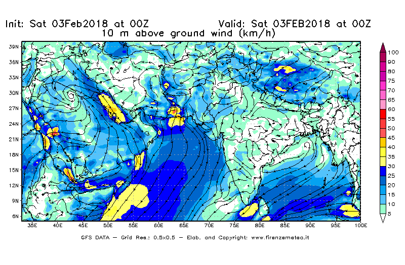 Mappa di analisi GFS - Velocità del vento a 10 metri dal suolo [km/h] in Asia Sud-Occidentale
							del 03/02/2018 00 <!--googleoff: index-->UTC<!--googleon: index-->