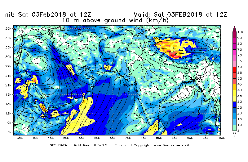 Mappa di analisi GFS - Velocità del vento a 10 metri dal suolo [km/h] in Asia Sud-Occidentale
									del 03/02/2018 12 <!--googleoff: index-->UTC<!--googleon: index-->